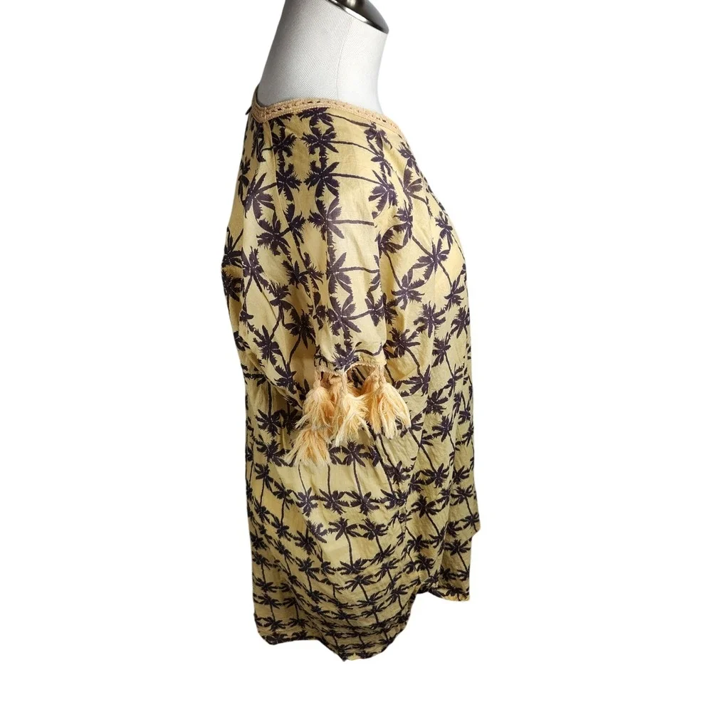 Z&L‎ Europe Cover Up Yellow Palm Tree Print Tassels Beach Pool Swim Vacation